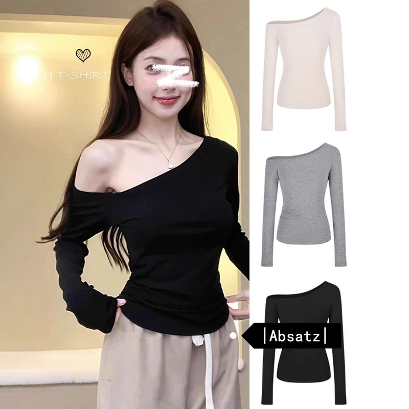 Pure Desire Slanted Shoulder Long-Sleeved T-Shirt Autumn and Winter New Style Early Autumn Slimming Look Design Sexy Versatile Top Trendy