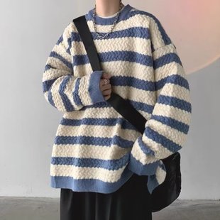Striped sweater men's autumn and winter Korean style lazy Japanese style loose coat retro fashion brand winter thickened long sleeve sweater