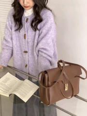 韩系复古温柔牛角扣针织开衫毛衣秋冬宽松软糯休闲长袖上衣外套女