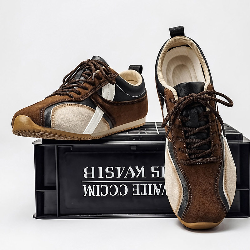Giày sneaker nam , da tổng hợp phối lưới, đế cao 2,5 cm, buộc dây — Màu cà phê đậm