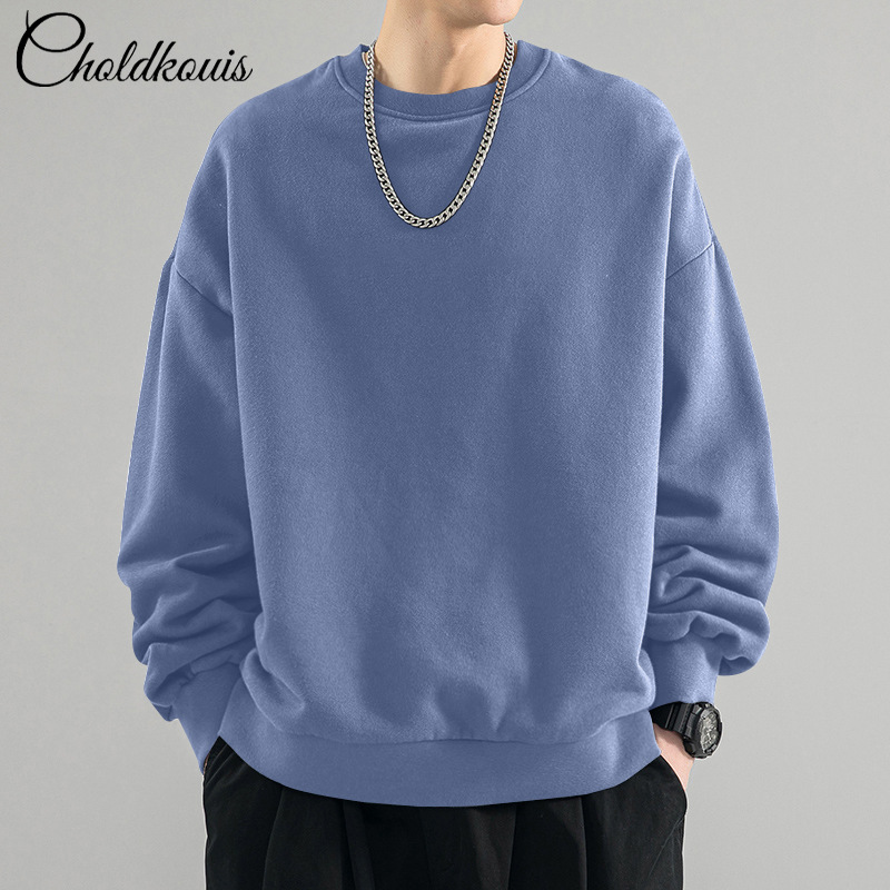 그레이 블루 라운드넥 스웨트셔츠 레귤러 스타일 - 솔리드 컬러 [GL]