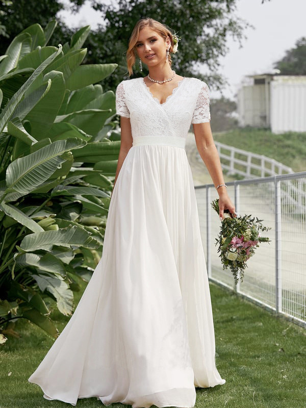 Europa y América Amazon 2025 borde de encaje costura cintura de gasa vestido largo con cuello en v vestido de novia vestido de noche image 4