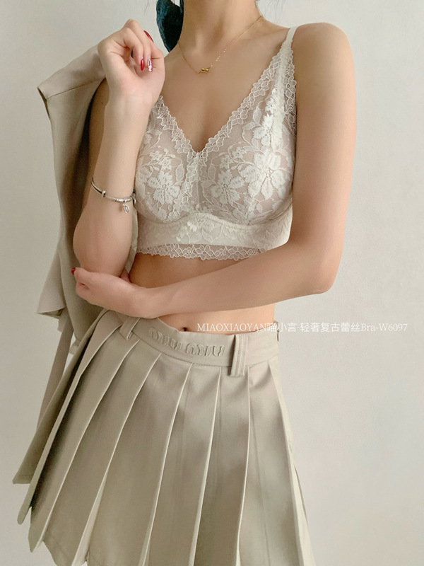 喵小言W6097#轻奢复古蕾丝Bra圆圆杯内衣聚拢软支撑背心式文胸罩|undefined