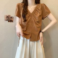 大码v领抽绳褶皱正肩短袖衬衫女夏季新款胖mm收腰遮肚子短款上衣