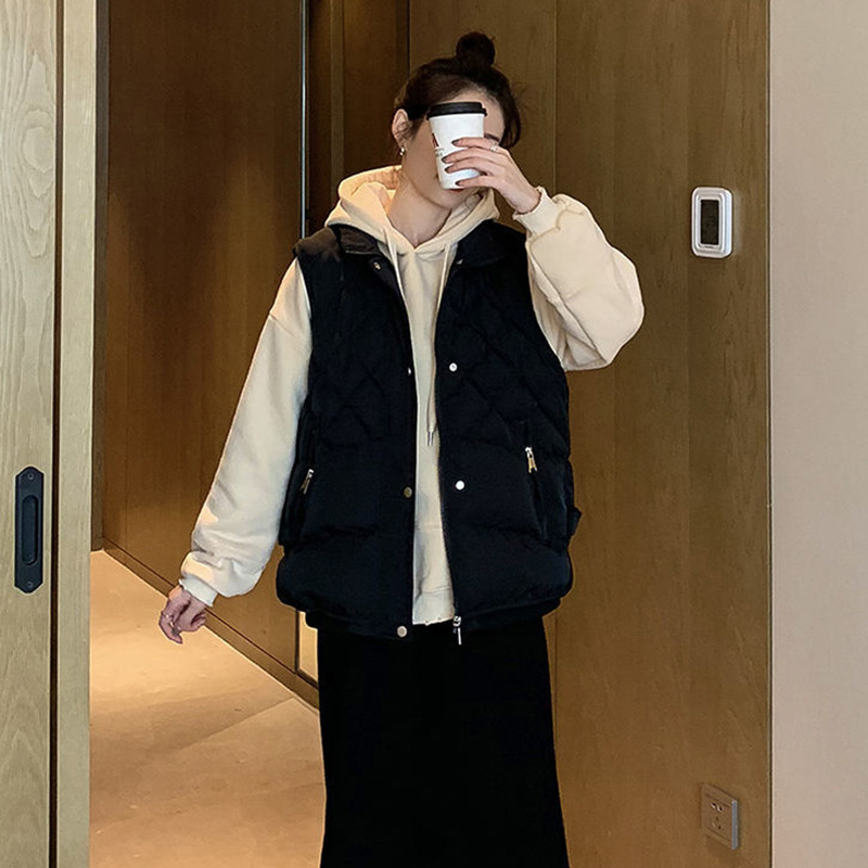 Estilo coreano de las mujeres jóvenes abajo Chaleco de algodón chaleco 2023 Otoño e Invierno suelta collar rombo diseño chaleco casual moda image 3