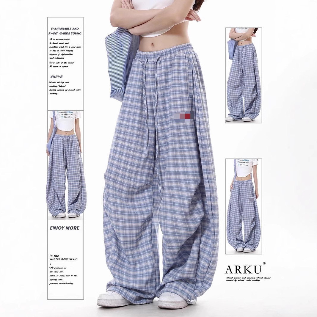 American Retro Blue Plaid Pants for Women 2026 Spring/Summer Loose Lazy Drapey Wide-Leg Casual Long Pants