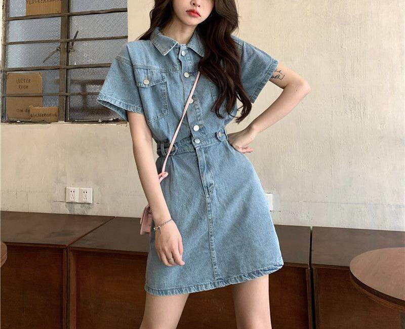 Đầm denim nữ tay ngắn cổ polo dáng chữ A chiết eo phong cách thanh lịch — Màu be, Màu hồng chi tiết 6