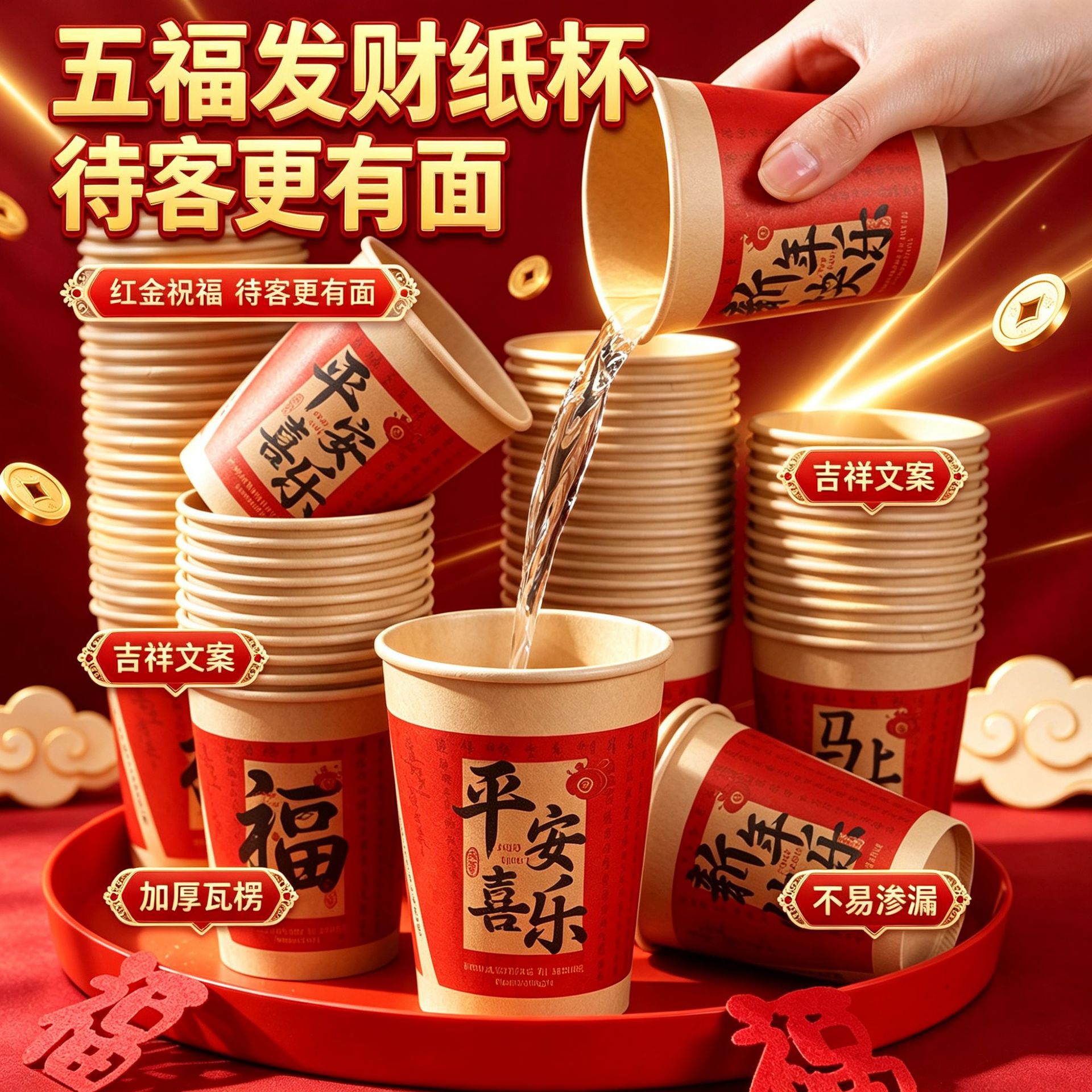 2027 Year of the Sheep Disposable Paper Cups, High-End Thickened Household Cups for New Year and Spring Festival, Extra Thick Water Cups, Whole Box Wholesale