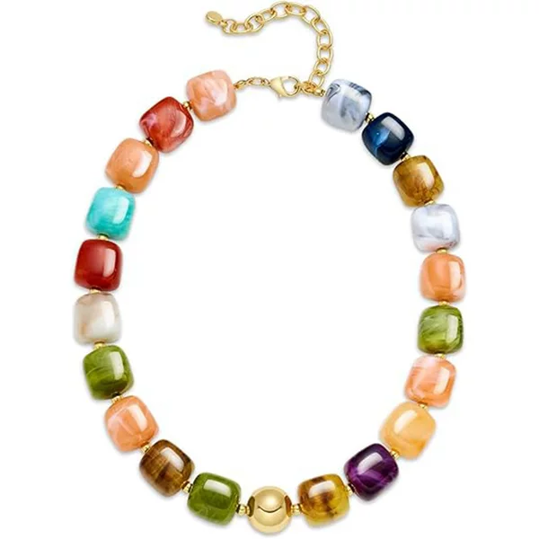 Cross-Border European and American New Style Rainbow Transparent Resin Sugar Cube Beaded Necklace, Women's Fashionable Versatile Neck Accessory