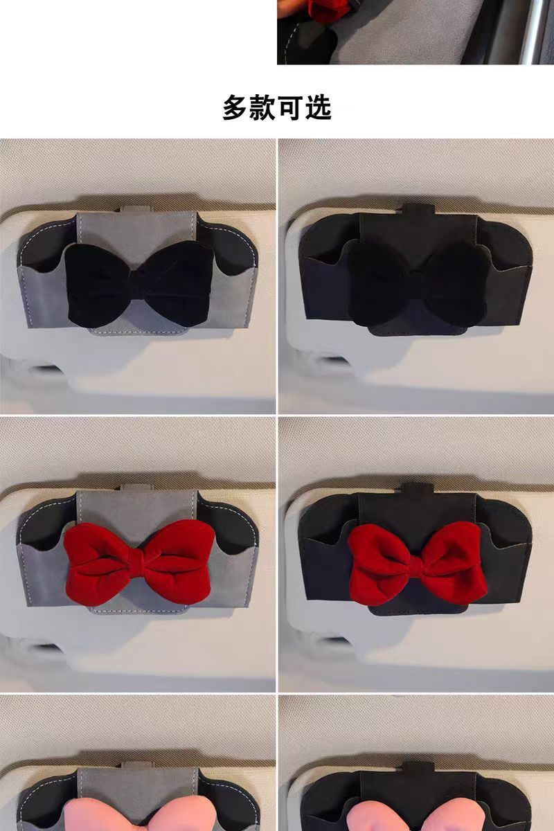 Car-Mounted Glasses Case with Bowknot, Pu Leather Glasses Clip, Car Sun Visor Sunglasses Storage Clip, Magnetic Glasses Clip