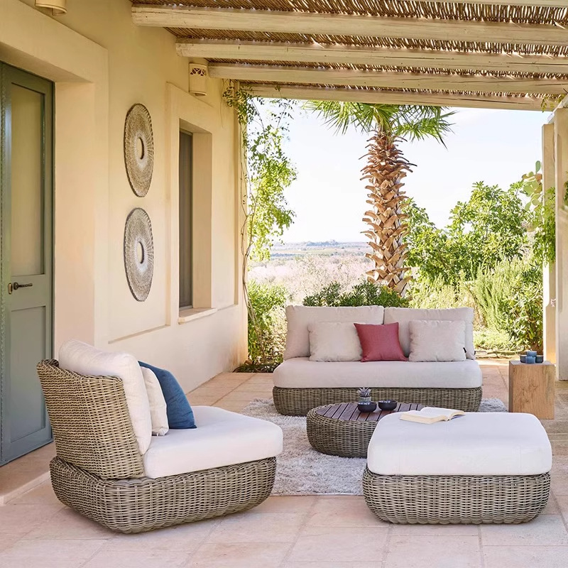 Sofá de caña simple al aire libre combinación de patio balcón silla de caña jardín al aire libre redonda muebles de caña villa impermeable
