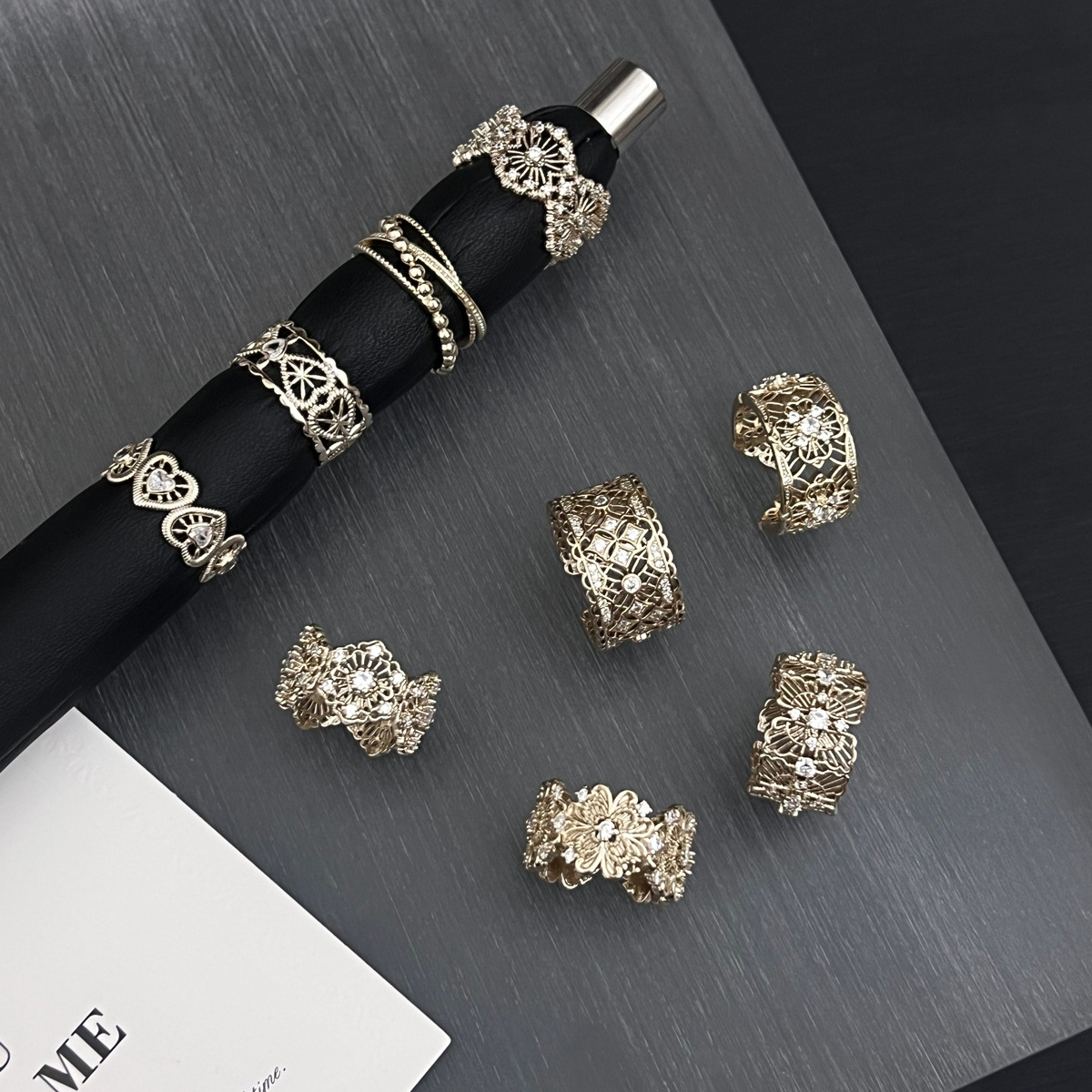 Coffee Gold Vintage Light Luxury Hollow Flower Zircon Ring for Women, Adjustable Index Finger Ring, Stackable Ring