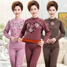 中老年女士印花保暖套装内衣加厚加绒大码妈妈秋衣秋裤半高领秋冬