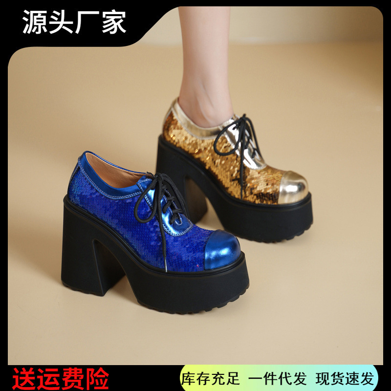 12cm Wedge Heel Thick-Soled Lace-Up Shoes for Women, Genuine Leather Round-Toe Platform Shoes, New Spring Style, Super High-Heeled Leather Shoes for Small People
