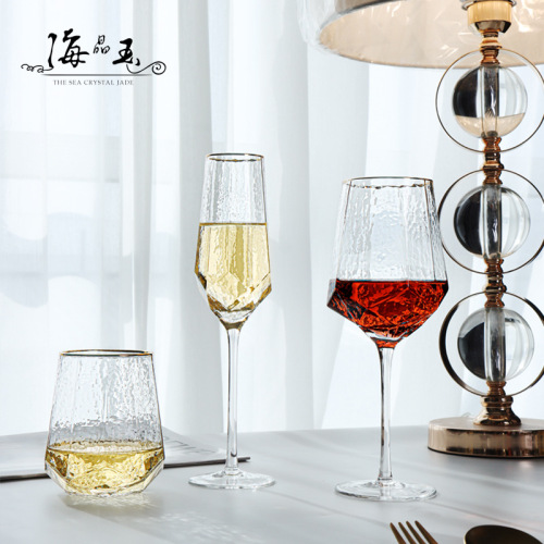 Light luxury diamond hammered goblet champagne glass crystal glass red wine glass gold rim wine glass set foreign wine glass wholesale