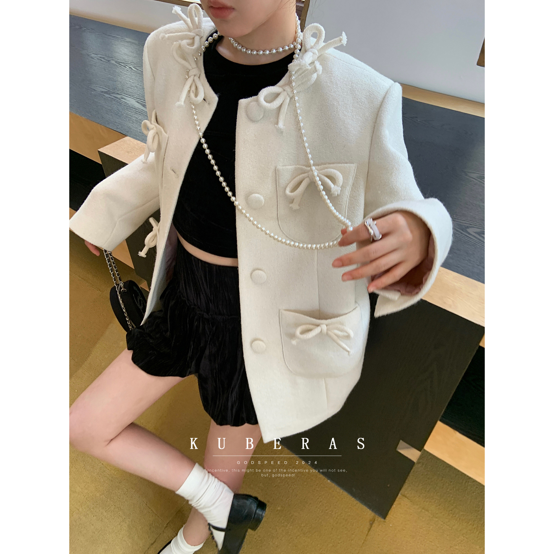 [Source Factory] Tweed Style Single-Row Bow-Decorated Jacket for Women, Autumn Socialite Versatile Tweed Suit for Women