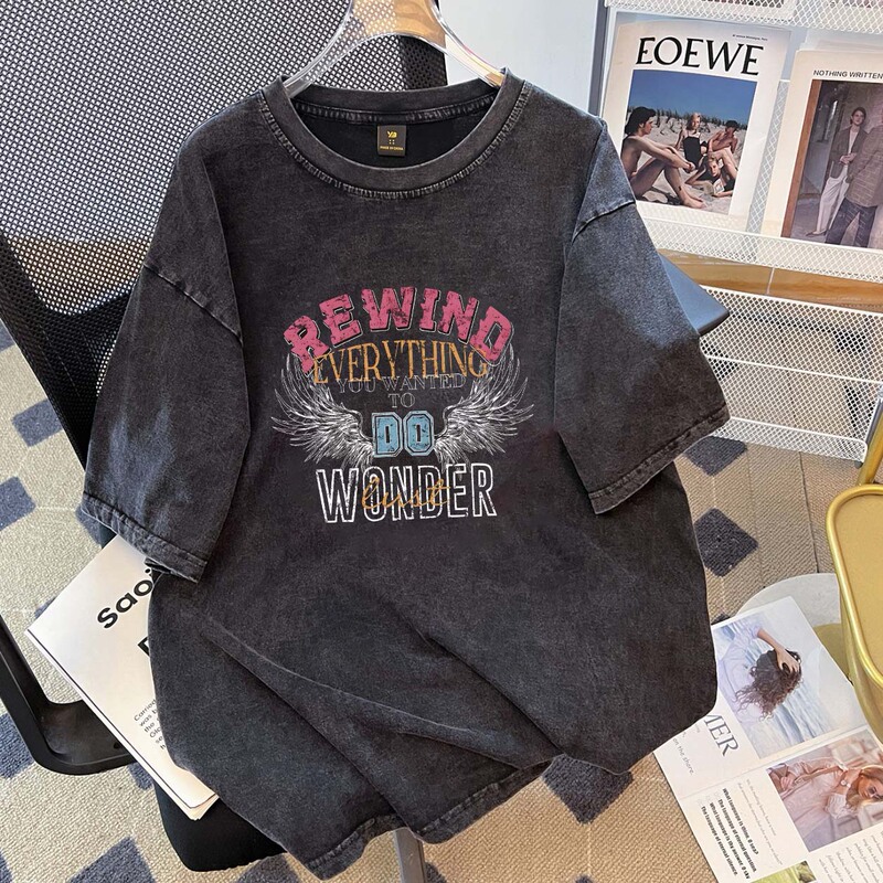 Rock Wings Motorcycle Printed T-shirt Women's Short-sleeved Washed American Style Retro Casual Pure Cotton Base Shirt Black T-shirt