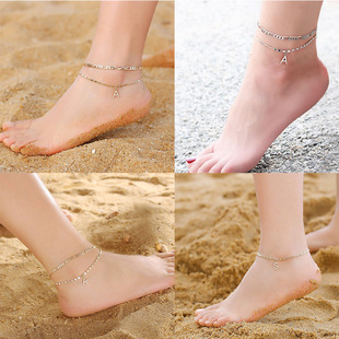 Amazon Explosions 26 Letter Anklet Silver Zircon Letter Anklet Simple Fashion Rice Bead Double Anklet