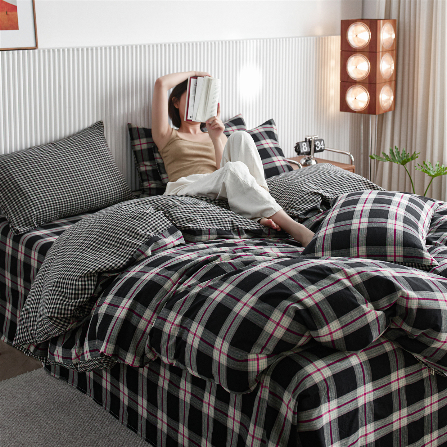 Vintage Plaid Washed Cotton Bedding Set For Dormitory Single Bed_voghion.com