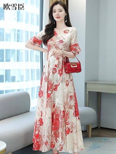 Summer Short Sleeve Printed Women's Skirt Elegant and Refined Long Dress Slimming Waist Refined Goddess Style Short Sleeve Fairy Skirt Trendy