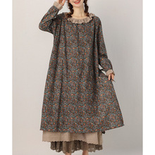 日系森系女装甜美长袖碎花连衣裙2023秋季新款宽松假两件棉麻长裙