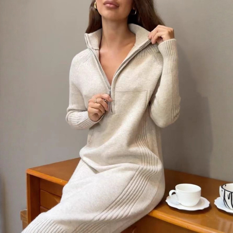 Russian Cross-Border Exclusive Supply of Knitted Dresses for Women, Long Style, Thickened, Warm, Cold-Resistant, Loose Fit, Stand-Up Collar, Base Sweater Dress