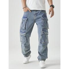 跨境Men's Casual Washed Straight Leg Cargo Jeans Menswear