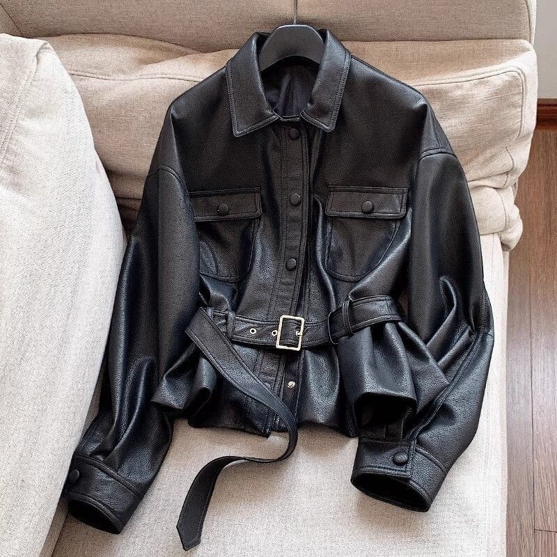 Haining women's short leather jacket 2026 new fashion stylish jacket with lychee pattern leather biker jacket, same style as Song Jia's Haining women's short leather jacket 2026 new fashion stylish jacket with lychee pattern leather biker jacket, same style as Song Jia's