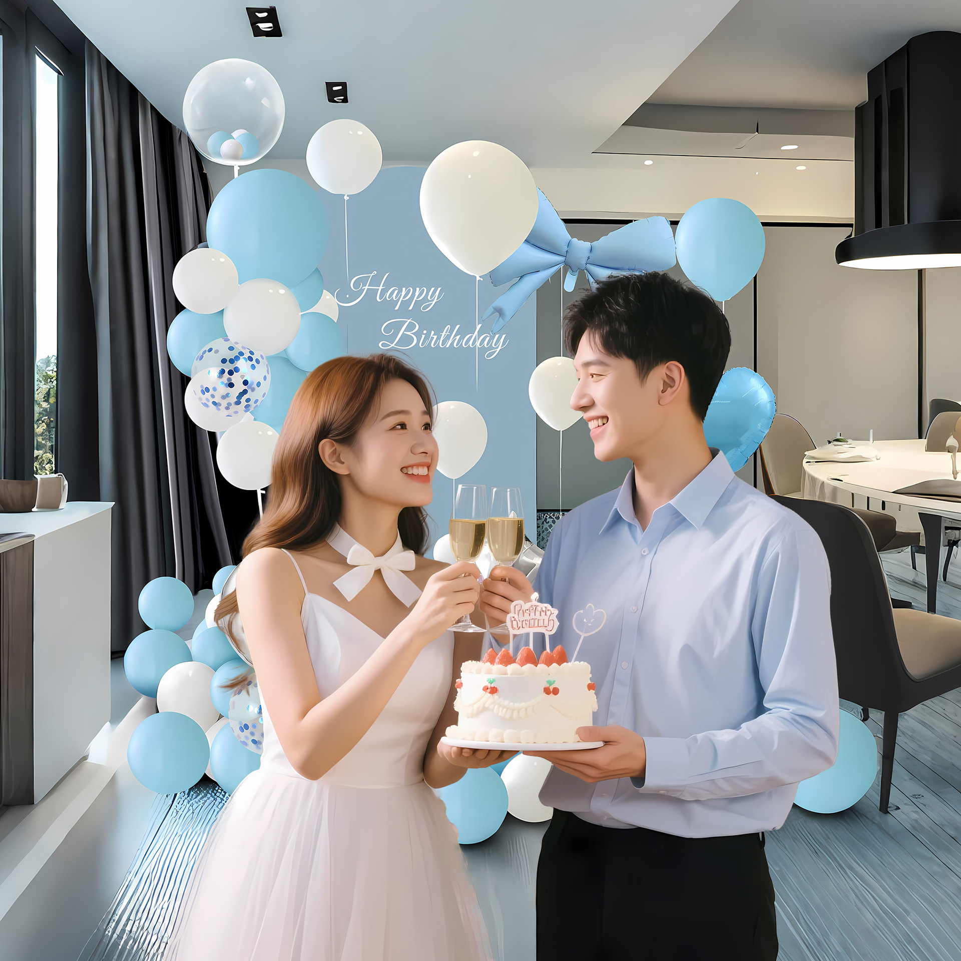 Cumpleaños sorpresa feliz globo fiesta decoración escena diseño novio marido atmósfera avanzada props