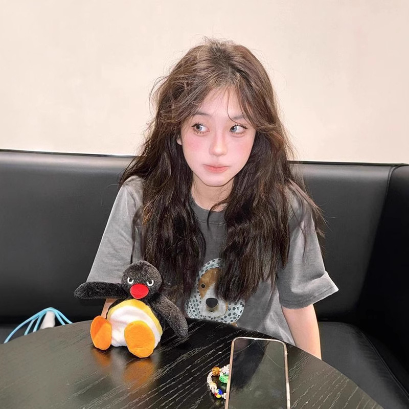 グレーの右肩半袖ピュアコットンTシャツ女性用2025新しい夏のルーズでハイエンドのレイジースタイルのプチトップ|undefined