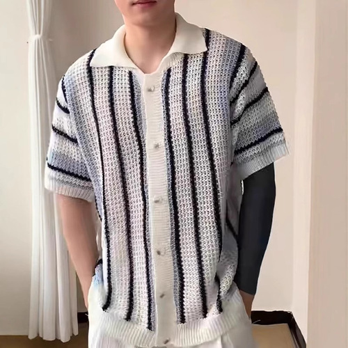 Men's Mesh Sheer Striped Knit Open-Front Top with Relaxed Fit Casual Workwear Crewneck T-shirt