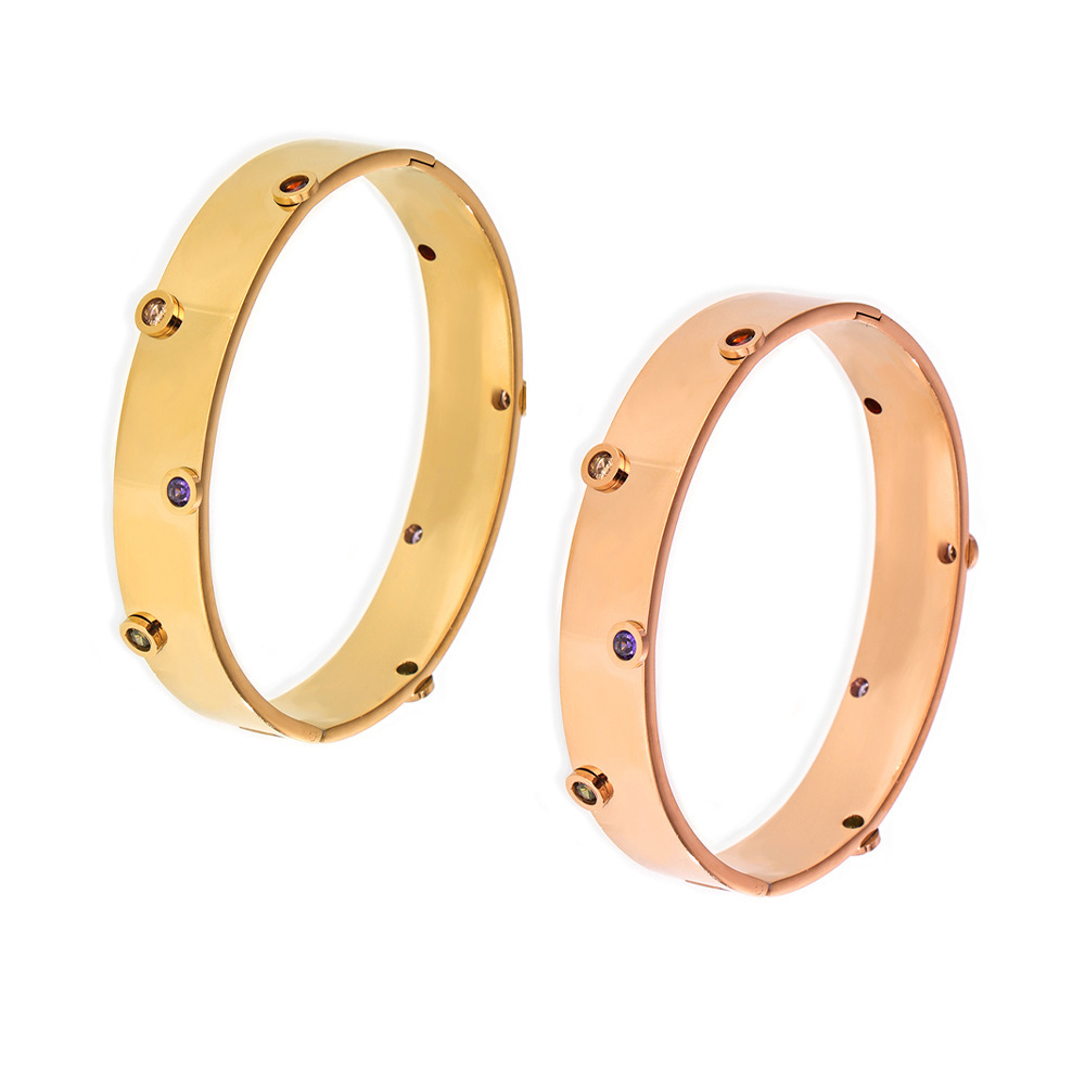 Brazalete de textura de zircón de color incrustado a mano Europa y Estados Unidos de acero inoxidable transfronterizo no desvanecido pulsera de viaje de moda