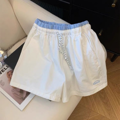 女性用刺繍入り巾着スポーツショーツ、夏用薄手、小柄な人向け、ハイウエスト、着痩せ、Aラインワイドパンツ、5分丈パンツ