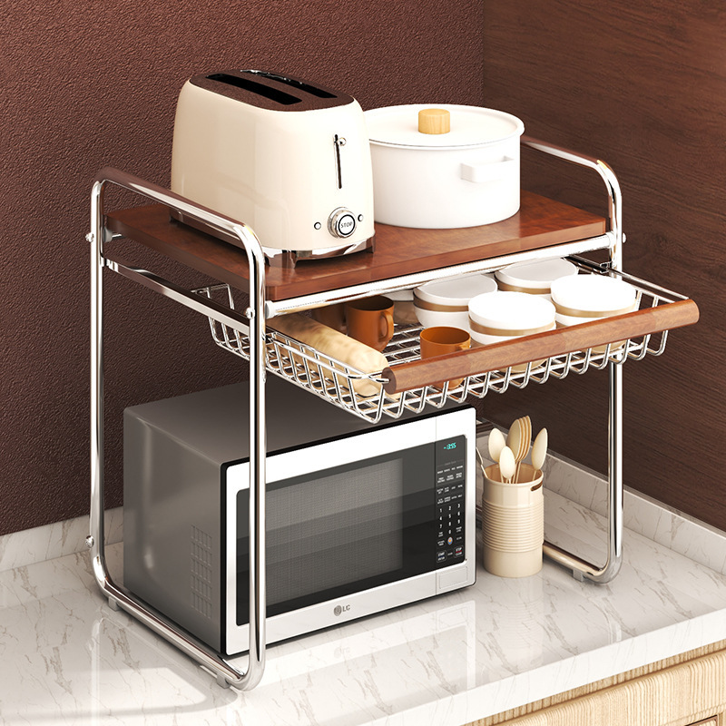 中世スタイルの電子レンジ収納ラック二層キッチン炊飯器収納ラック家庭用カウンタートップオーブン収納ラック|undefined