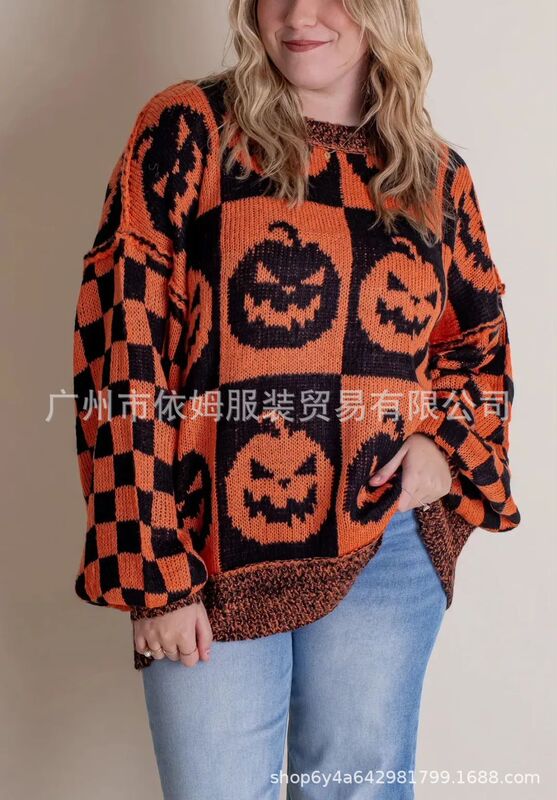 アマゾン秋冬の新型クロスボーダー欧米の女装の頭のニットのハロウィンの幽霊の格子縞の丸首のセーターの女性|undefined
