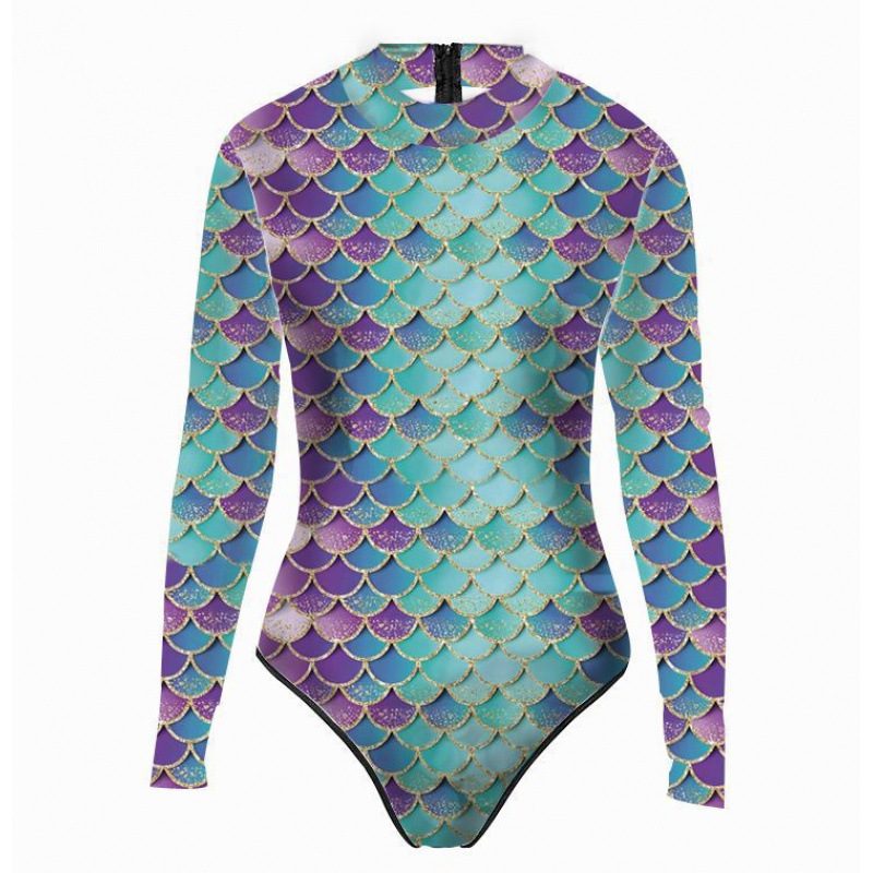 녹색과 보라색 긴팔 원피스 수영복-S