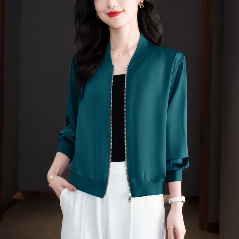 Acetate satin baseball uniform 2024 spring new casual loose long sleeve cardigan jacket short coat women's top