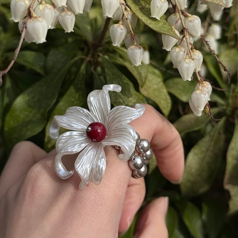 ALONEMOON Original Iris Flower Double Layer Silver Pearl Niche Design Elastic Ring_voghion.com