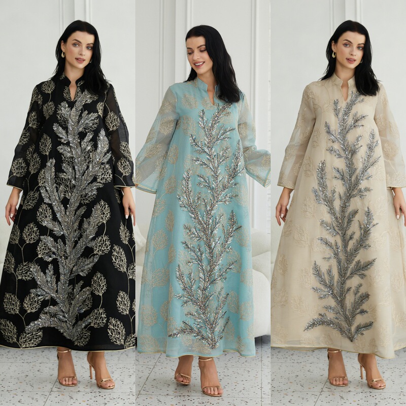 Nc90 Middle East New Muslim Embroidered Sequin Robe Plus Size Women's European and American Cross-Border Dress Abaya Nc90 Middle East New Muslim Embroidered Sequin Robe Plus Size Women's European and American Cross-Border Dress Abaya
