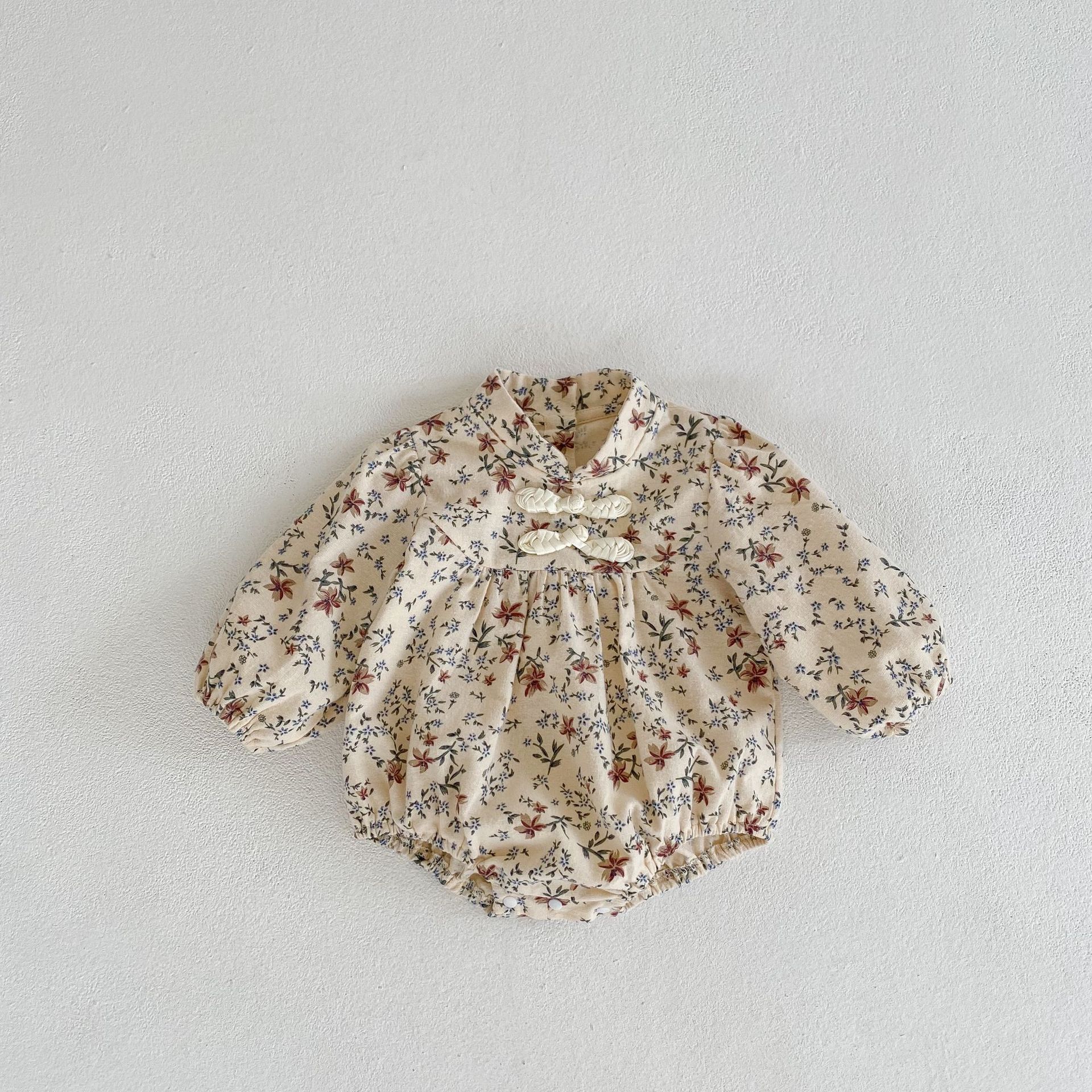 2024 Autumn New Girl Baby Floral Cheongsam Collar Ha Yi Long Sleeve Loose Triangle jumpsuit Crawler_voghion.com