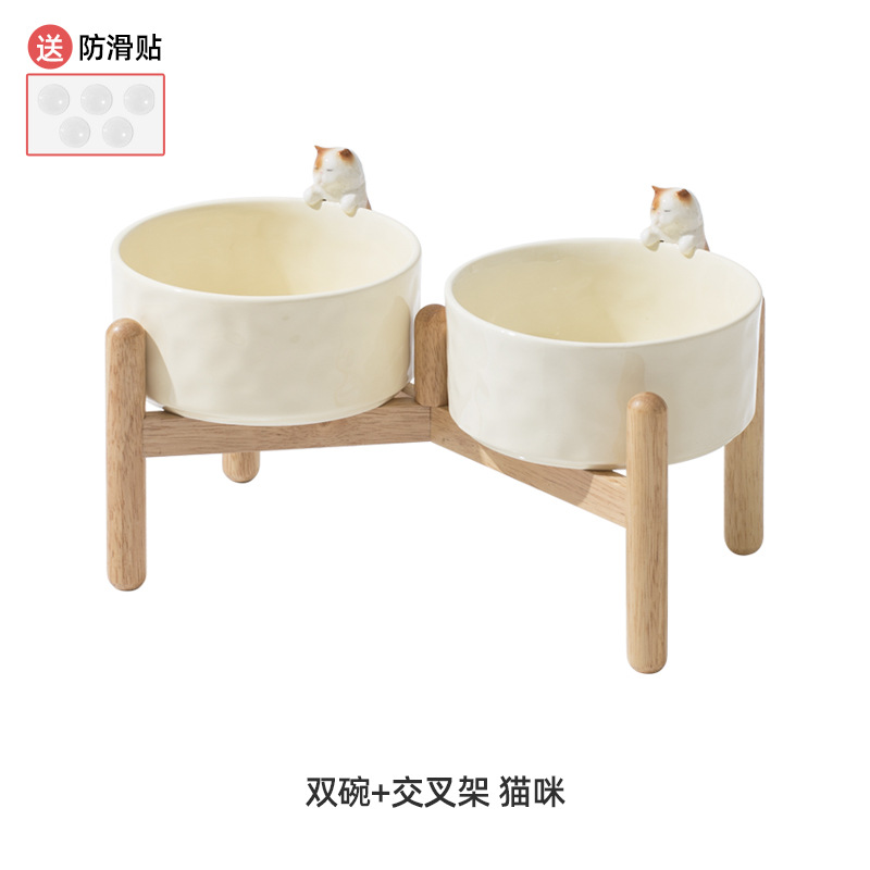 Cerámica pintada a mano mascota doble tazón alto pie anti-golpe cuello protección gato tazón gato comida tazón perro tazón al por mayor