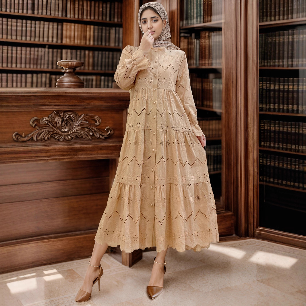 Cross-border Muslim Loose Middle Eastern Dubai Robe Abaya Gown Dress With Lace_ecoleips.com