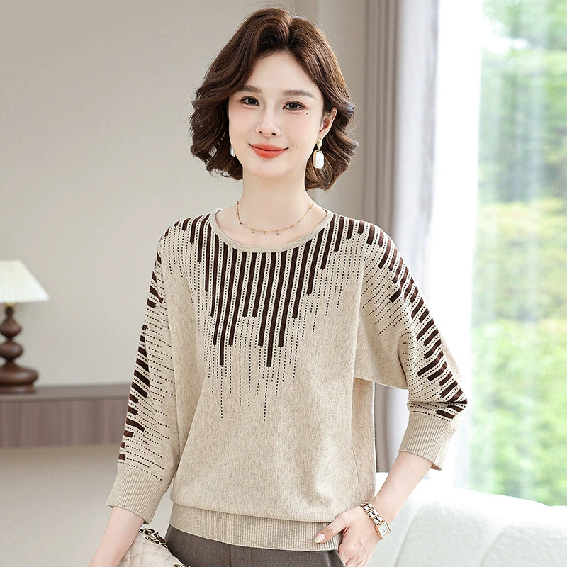 Мама с одеждой нижняя рубашка средних лет женская весенняя рубашка с длинными рукавами футболка среднего и пожилого возраста весенний и осенний повседневный вязаный тонкий топ