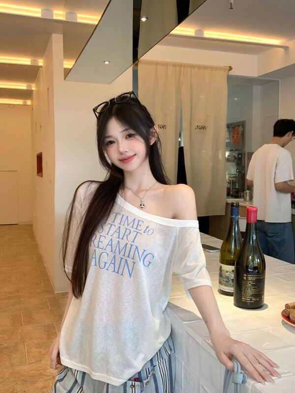 Tencel Ribbed Slanted Shoulder Short-Sleeved T-Shirt for Women Summer Slightly See-Through Sun Protection Blouse Design Top Export Wholesale