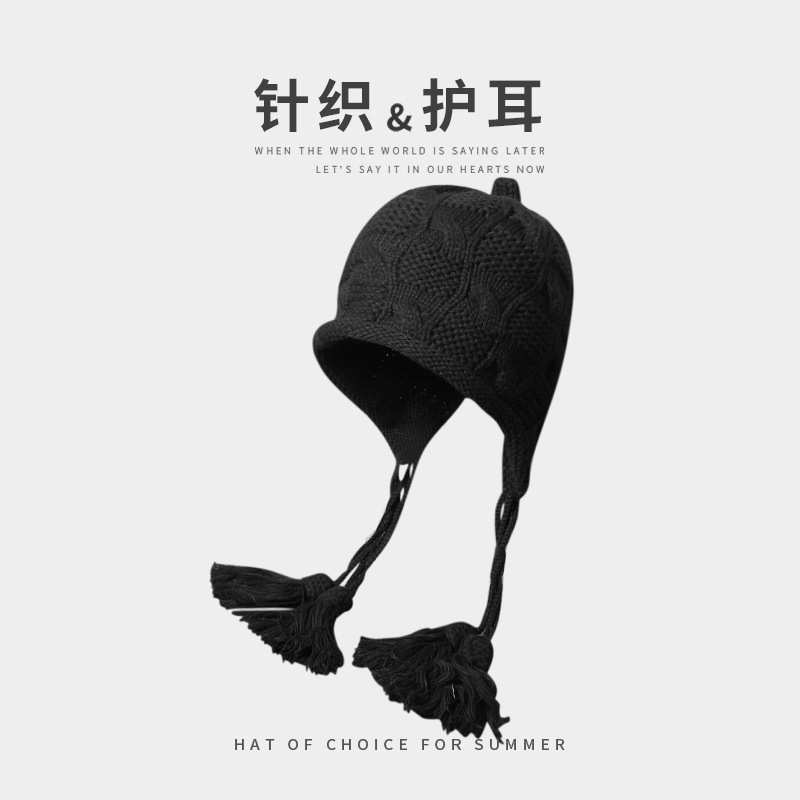 日本のインターネットセレブの女性用タッセル付き赤いウール帽子、秋冬韓国版、甘くてかわいい耳保護暖かい包頭ニット帽子|undefined