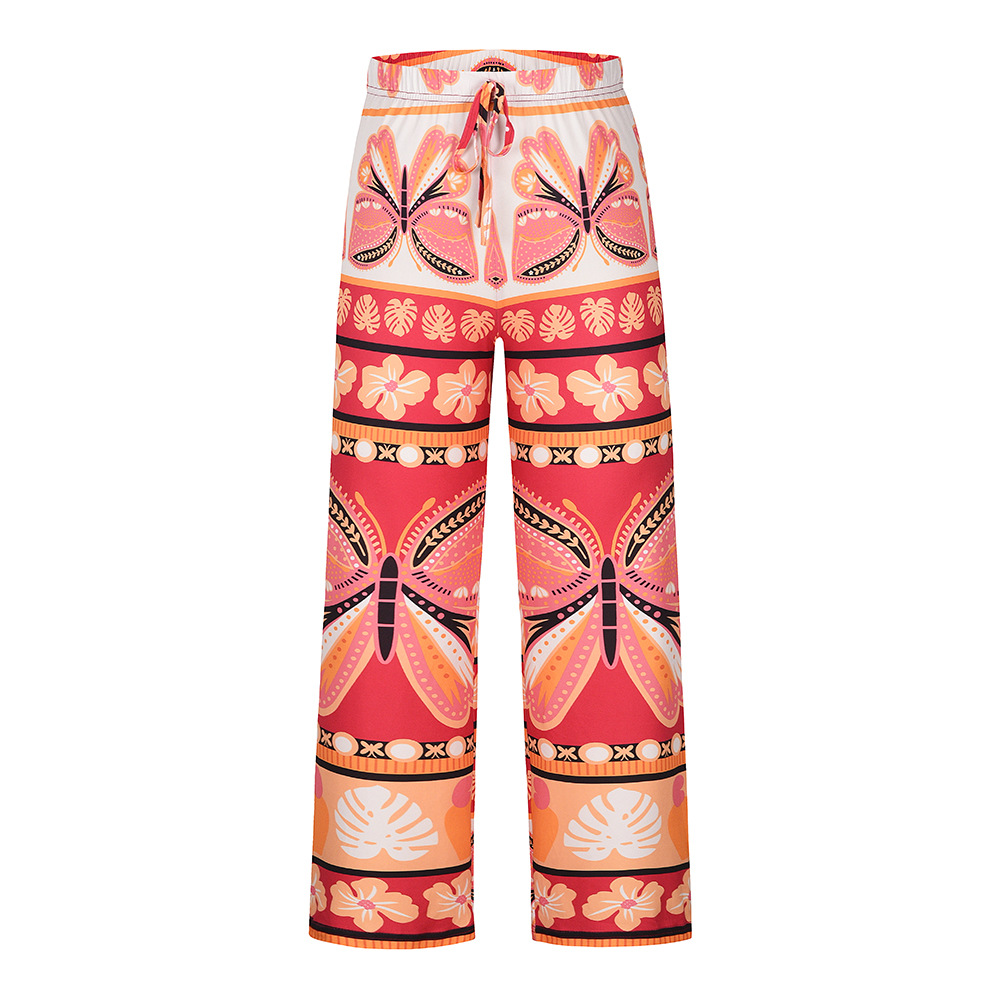 pantalones de playa rectos con estampado de pernera ancha y cintura alta de verano NSHYG118518