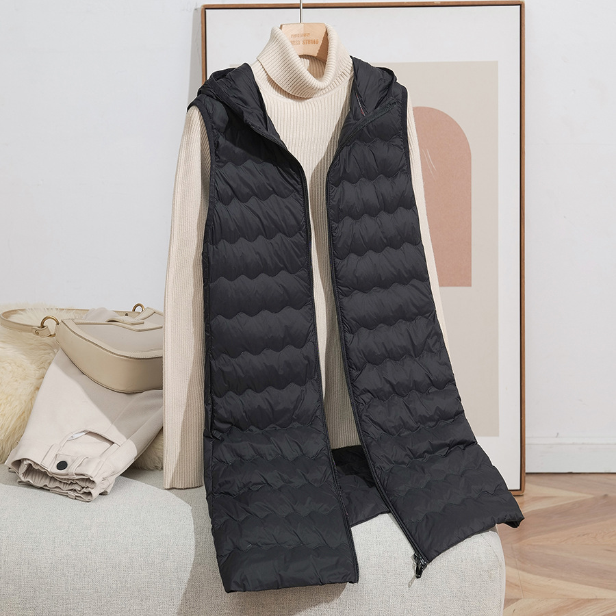2025 otoño y invierno nueva moda encapuchada onda media y larga ligera y delgada chaleco de pluma con cremallera de mujer caliente marea