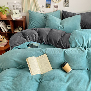 Autumn and winter new class a milk velvet four-piece set ins style simple double spell high weight thick warm quilt cover kit