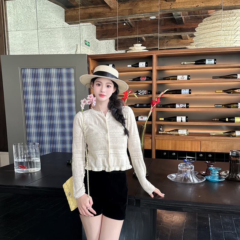 "Zhiyuan Cardigan" 16 Pin 48 Worsted Wool Thin Lace Knitted Sweater Women's Summer Slim-fit Hollow-out Long Sleeve