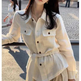 老钱风气质polo领长袖衬衫女春季新款宽松收腰系带衬衣中长款上衣